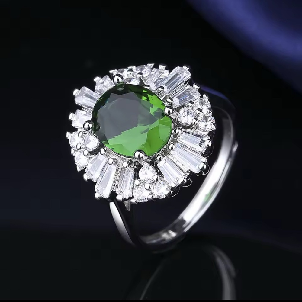 Green and Silver Halo Ring with Emerald Stone